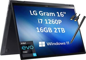 lg gram 16t90q 16″ wqxga 2-in-1 touchscreen (intel 12th gen 12-core i7-1260p, 16gb lpddr5 ram, 2tb ssd, stylus), (2560 x 1600) business laptop, thunderbolt 4, ist computers hdmi, windows 11 pro
