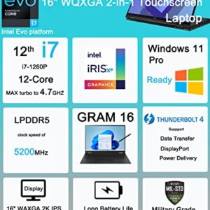 LG Gram 16T90Q 16" WQXGA 2-in-1 Touchscreen (Intel 12th Gen 12-Core i7-1260P, 16GB LPDDR5 RAM, 2TB SSD, Stylus), (2560 x 1600) Business Laptop, Thunderbolt 4, IST Computers HDMI, Windows 11 Pro