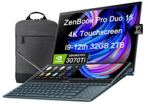 asus zenbook pro duo 15 ux582 15.6″ 4k oled touchscreen (intel 14-core i9-12900h, 32gb ddr5 ram, 2tb ssd, geforce rtx 3070 ti) business laptop, screenpad plus, thunderbolt 4, backlit, pen, win 11 pro