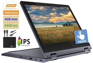 2022 newest lenovo x360 chromebook spin 2-in-1 convertible laptop student business, mediatek mt8183 8-core processor, 11.6″ hd touch ips, 4gb ram, 64gb emmc,wi-fi 5,bluetooth, chrome os +marxsolcables