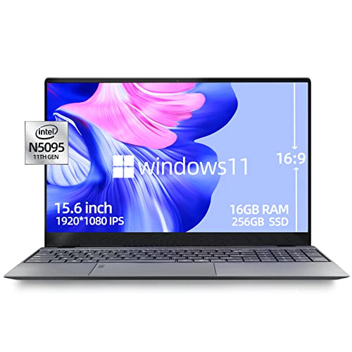 Windows 11 Laptop, 15.6 Inch Intel N5095 2.9 GHz Quad Core 16GB RAM 256G SSD, FHD 1920*1080 IPS Display, Thin & Light Notebook, Backlit keyboard, Finger print, USB3.0, mHDMI, All-Metal Body, Office