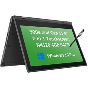 lenovo 300e 11.6″ 2-in-1 touchscreen winbook (4-core intel n4120, 4gb ram, 64gb storage, stylus, webcam), ruggedized, water resistant, convertible home & education laptop, windows 10 pro (renewed)