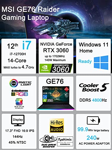 MSI GE76 Raider 17.3" 144Hz (Intel 12th Gen i7-12700H (Beat i9 11980HK), GeForce RTX 3060 6GB 140W, 64GB DDR5 RAM, 2TB PCIe SSD) FHD Thin Bezel Gaming Laptop, Thunderbolt 4, RGB Backlit, Win 11 Home