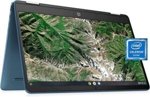 hp 2022 14″ touchscreen chromebook x360 convertible laptop, intel celeron n4120 processor, 4gb ram, 64gb emmc storage, hd webcam, forest teal, chrome os, 32gb snowbell usb card