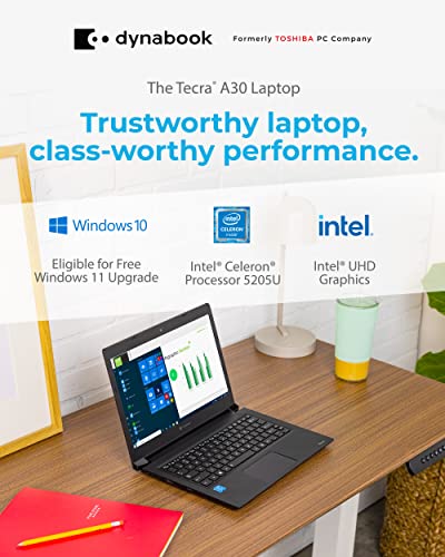 DYNABOOK Tecra Laptop, Intel Celeron 5205U, 4 GB RAM, 128 GB SSD, 13.3 Full HD Display, Windows 10 Pro Education, Tested Durability, Thin & Lightweight, Spill-Resistant Keyboard (A30-G, 2019)