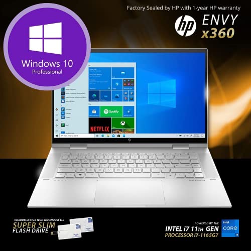 HP Envy 15T x360 Laptop i7-1165G7 11th Gen, 16 GB RAM, 1 TB SSD, 15.6" FHD Touch, Nvidia MX450 2GB, Tilt Pen, B&O Speakers, USB C, HDMI, Win 11 Pro, Silver, 64 GB Tech Warehouse Flash Drive