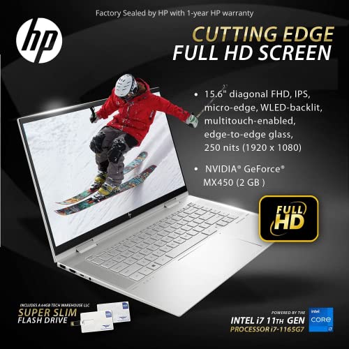 HP Envy 15T x360 Laptop i7-1165G7 11th Gen, 16 GB RAM, 1 TB SSD, 15.6" FHD Touch, Nvidia MX450 2GB, Tilt Pen, B&O Speakers, USB C, HDMI, Win 11 Pro, Silver, 64 GB Tech Warehouse Flash Drive