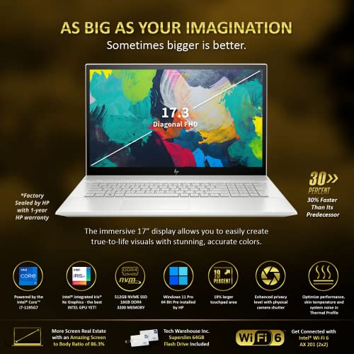 HP Envy 17T Laptop i7-1195G7 11th gen, 16GB RAM, 512 GB NVMe SSD, 17.3" FHD Touch, Thunderbolt 4, Win 11 PRO, WiFi 6, B&O Speakers, USB-A, Intel Xe Graphics, Silver, 64GB Tech Warehouse Flashdrive