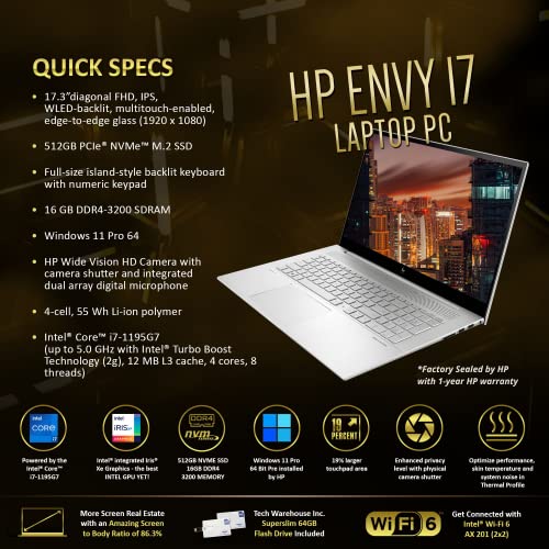 HP Envy 17T Laptop i7-1195G7 11th gen, 16GB RAM, 512 GB NVMe SSD, 17.3" FHD Touch, Thunderbolt 4, Win 11 PRO, WiFi 6, B&O Speakers, USB-A, Intel Xe Graphics, Silver, 64GB Tech Warehouse Flashdrive