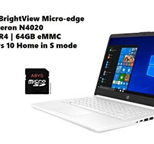 HP 14" HD (1366 x 768) BrightView Micro-Edge Laptop, Intel Celeron N4020, 4GB DDR4, 64GB eMMC, WiFi, Bluetooth, Webcam, USB 3.1 Type C, HDMI, Media Card Reader, Windows 10 S, 64GB ABYS MicroSD Card