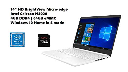 HP 14" HD (1366 x 768) BrightView Micro-Edge Laptop, Intel Celeron N4020, 4GB DDR4, 64GB eMMC, WiFi, Bluetooth, Webcam, USB 3.1 Type C, HDMI, Media Card Reader, Windows 10 S, 64GB ABYS MicroSD Card