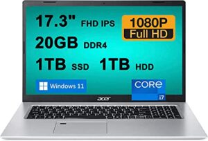 acer 2023 newest aspire 5 laptop, 17.3 inch fhd ips display, intel core i7-1165g7 processor, 20gb ram, 1tb ssd+ 1tb hdd, intel iris xe graphics, wi-fi 6, windows 11 home, bundle with cefesfy