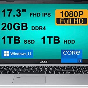 Acer 2023 Newest Aspire 5 Laptop, 17.3 inch FHD IPS Display, Intel Core i7-1165G7 Processor, 20GB RAM, 1TB SSD+ 1TB HDD, Intel Iris Xe Graphics, Wi-Fi 6, Windows 11 Home, Bundle with Cefesfy