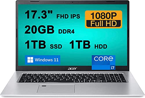 Acer 2023 Newest Aspire 5 Laptop, 17.3 inch FHD IPS Display, Intel Core i7-1165G7 Processor, 20GB RAM, 1TB SSD+ 1TB HDD, Intel Iris Xe Graphics, Wi-Fi 6, Windows 11 Home, Bundle with Cefesfy