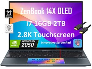 asus zenbook 14x oled ux5400 14″ qhd+ touchscreen (intel 12-core i7-1260p, 16gb ram, 2tb ssd, rtx 2050) business laptop, innovative screenpad, backlit, fp, thunderbolt 4, ist hdmi, win 11 home – 2023