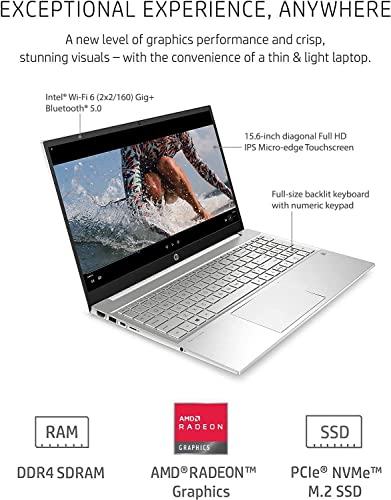 HP Pavilion 15 Laptop, 15.6" FHD Touchscreen, AMD Ryzen 5 5500U Processor, 32GB RAM, 1TB SSD, Backlit Keyboard, WiFi 6, Fingerprint Reader, B&O Audio, Webcam, Windows 11 Home, Silver