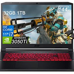 Acer 2022 Nitro 5 (17.3'' FHD 144Hz, Intel i7-11800H, 32GB RAM, 1TB PCle SSD, GeForce RTX 3050Ti 4GB) Backlit Gaming Laptop, Webcam, Killer WiFi 6, Ray Tracing, IST Cable, Windows 11 Home,