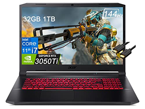 Acer 2022 Nitro 5 (17.3'' FHD 144Hz, Intel i7-11800H, 32GB RAM, 1TB PCle SSD, GeForce RTX 3050Ti 4GB) Backlit Gaming Laptop, Webcam, Killer WiFi 6, Ray Tracing, IST Cable, Windows 11 Home,