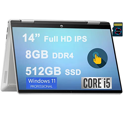 HP Pavilion X360 14 2-in-1 Laptop I 14” Full HD IPS Multi-Touch I 12th Gen Intel 10-Core i5-1235U I 8GB DDR4 512GB SSD I Backlit Fingerprint USB-C HDMI Office365 Win11Pro Silver + 32GB MicroSD Card