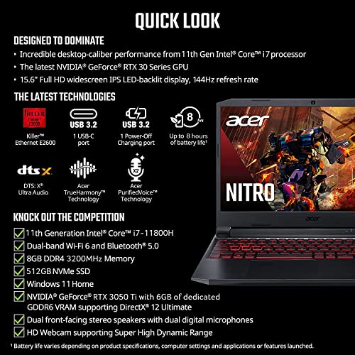 Acer Nitro 5 Premium Gaming Laptop, 15.6 inch FHD 144Hz IPS Display, Nvidia GeForce RTX 3050 Ti 4GB GDDR6, 11th Intel 8-Core i7-11800H(Beat Ryzen 7 5800H), Windows 11 Home(8GB|512GB SSD)