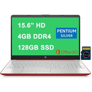 hp notebook 15 business laptop i 15.6” hd sva display i intel 4-core pentium silver n5000 processor i 4gb ddr4 128gb ssd i usb-c i hdmi office365 win10 red + 32gb microsd card