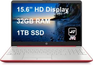 hp laptop, 15.6″ hd display, intel pentium gold 6405u 2.4 ghz processor, 32gb memory, 1tb ssd, sd card reader, webcam, hdmi, usb-c, rj-45, wi-fi, windows os, red, jvq mp