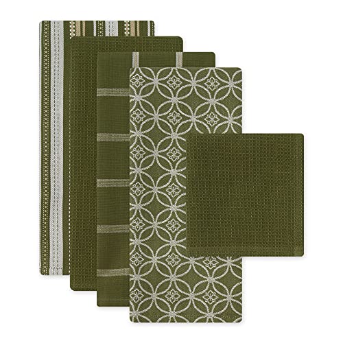 DII Assorted Woven Kitchen Set, Dishtowel, 18x28, Dishcloth, 13x13, Sage, 5 Piece