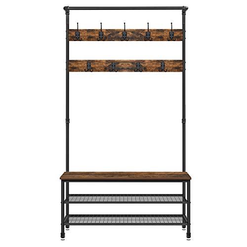 VASAGLE DAINTREE 3-in-1 Entryway Coat Rack and Storage Bench, Pipe Style Hall Tree with 9 Hooks, Multifunctional, Sturdy Steel Frame, Large Size, Industrial, Rustic Brown and Black UHSR47BX