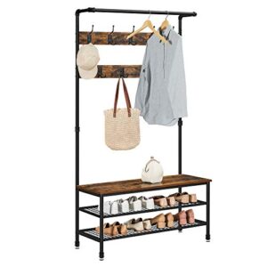 VASAGLE DAINTREE 3-in-1 Entryway Coat Rack and Storage Bench, Pipe Style Hall Tree with 9 Hooks, Multifunctional, Sturdy Steel Frame, Large Size, Industrial, Rustic Brown and Black UHSR47BX