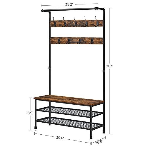 VASAGLE DAINTREE 3-in-1 Entryway Coat Rack and Storage Bench, Pipe Style Hall Tree with 9 Hooks, Multifunctional, Sturdy Steel Frame, Large Size, Industrial, Rustic Brown and Black UHSR47BX