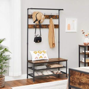 VASAGLE DAINTREE 3-in-1 Entryway Coat Rack and Storage Bench, Pipe Style Hall Tree with 9 Hooks, Multifunctional, Sturdy Steel Frame, Large Size, Industrial, Rustic Brown and Black UHSR47BX