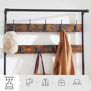 VASAGLE DAINTREE 3-in-1 Entryway Coat Rack and Storage Bench, Pipe Style Hall Tree with 9 Hooks, Multifunctional, Sturdy Steel Frame, Large Size, Industrial, Rustic Brown and Black UHSR47BX