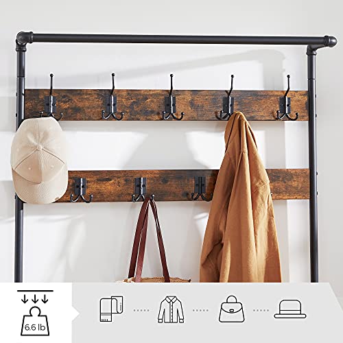 VASAGLE DAINTREE 3-in-1 Entryway Coat Rack and Storage Bench, Pipe Style Hall Tree with 9 Hooks, Multifunctional, Sturdy Steel Frame, Large Size, Industrial, Rustic Brown and Black UHSR47BX