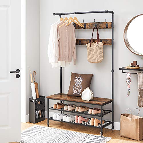 VASAGLE DAINTREE 3-in-1 Entryway Coat Rack and Storage Bench, Pipe Style Hall Tree with 9 Hooks, Multifunctional, Sturdy Steel Frame, Large Size, Industrial, Rustic Brown and Black UHSR47BX