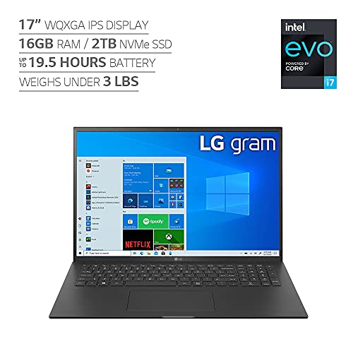 LG Gram 17Z90P Laptop 17" IPS Ultra-Lightweight, (2560 x 1600), Intel Evo 11th gen Core i7 , 16GB RAM, 2TB SSD, Upgradeable Windows 10 Home, Alexa Built-in, 2X USB-C, HDMI, USB-A - Black