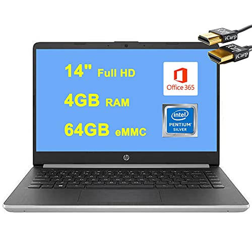 HP Newest 14 Flagship Laptop Computer 14" Diagonal Full HD IPS Display Intel Pentium Silver Quad-Core N5000 4GB DDR4 64GB eMMC USB-C BT 5.0 Office 365 Win10 + HDMI Cable