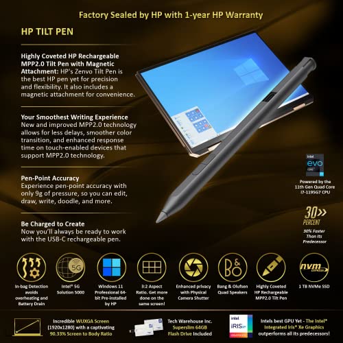 HP Spectre x360 Luxury 14T, 13.5" 3:2 WUXGA Touch, Intel i7-1195G7, 16GB RAM, 1TB NVMe SSD, Intel 5G nanoSim Slot, Fingerprint, Tilt Pen, Black, Win 11 Pro, B&O Audio, 64GB TechWarehouse Flashdrive