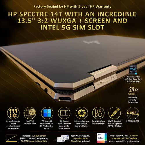 HP Spectre x360 Luxury 14T, 13.5" 3:2 WUXGA Touch, Intel i7-1195G7, 16GB RAM, 1TB NVMe SSD, Intel 5G nanoSim Slot, Fingerprint, Tilt Pen, Black, Win 11 Pro, B&O Audio, 64GB TechWarehouse Flashdrive