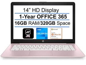 hp 2022 newest stream 14″ hd laptop, intel celeron n4000(up to 2.6ghz), 16gb ram, 320gb space(64gb emmc+256gb card), 1-year office 365, wifi, hdmi, usb, webcam, bluetooth, windows 10s, pink+jvq mp