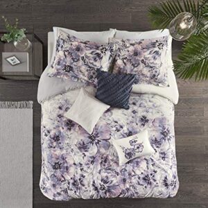 madison park enza 100% cotton duvet beautiful floral design all season, breathable comforter cover bedding set, matching shams, full/queen(90″x90″), purple 3 piece