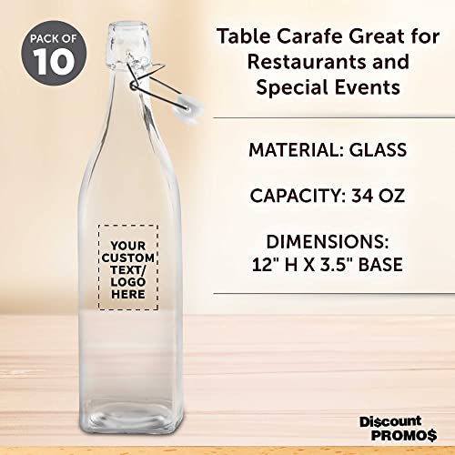 Custom Square Glass Water Carafe Bottles with Wire Lids 14 oz. Set of 10, Personalized Bulk Pack - Perfect for Juices, Smoothies, Milk, Condiments - Clear