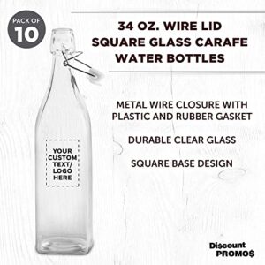 Custom Square Glass Water Carafe Bottles with Wire Lids 14 oz. Set of 10, Personalized Bulk Pack - Perfect for Juices, Smoothies, Milk, Condiments - Clear