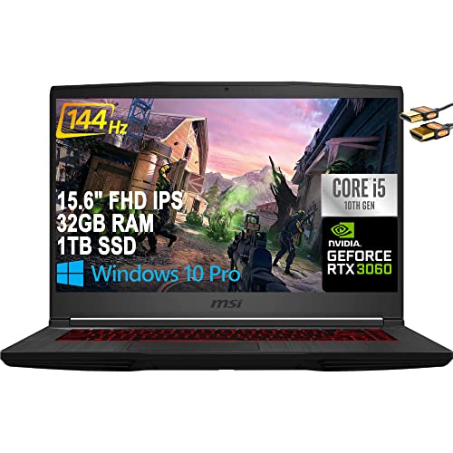 MSI GF65 Thin Gaming Laptop 15.6" FHD IPS 144Hz 10th Gen Intel Hexa-Core i5-10500H (Beats i7-9750H) 32GB RAM 1TB SSD GeForce RTX 3060 6GB Backlit Keyboard USB-C Nahimic Win10 Pro Black + HDMI Cable