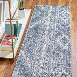 Unique Loom Portland Collection Southwestern Inspired Striped Tone Area Rug, 2 ft 2 in x 12 ft, Blue/Gray