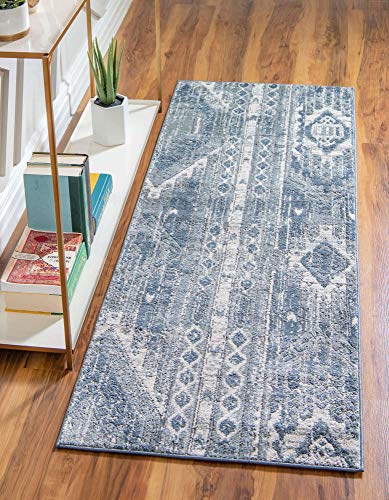 Unique Loom Portland Collection Southwestern Inspired Striped Tone Area Rug, 2 ft 2 in x 12 ft, Blue/Gray