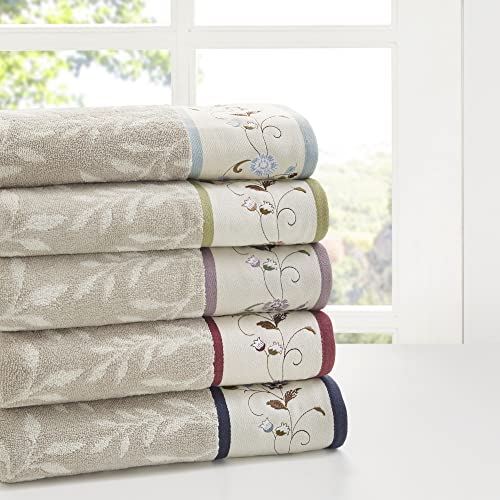 Madison Park Serene 100% Cotton Bath Towel Set Luxurious Floral Embroidered Cotton Jacquard Design, Soft and Highly Absorbent for Shower, Multi-Sizes, Blue