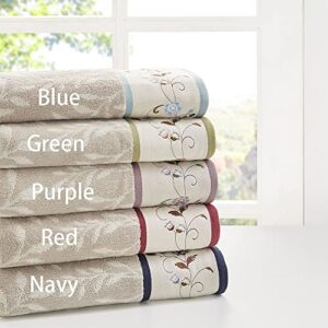 Madison Park Serene 100% Cotton Bath Towel Set Luxurious Floral Embroidered Cotton Jacquard Design, Soft and Highly Absorbent for Shower, Multi-Sizes, Blue