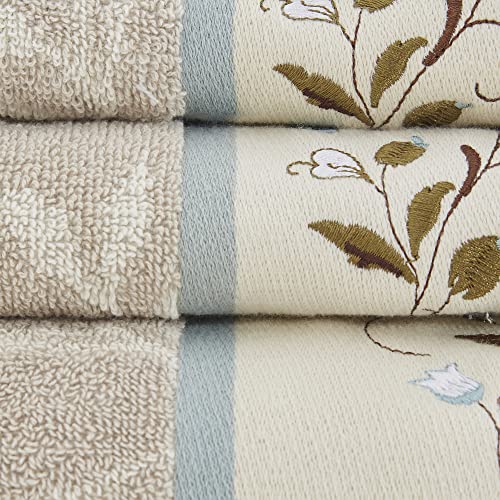 Madison Park Serene 100% Cotton Bath Towel Set Luxurious Floral Embroidered Cotton Jacquard Design, Soft and Highly Absorbent for Shower, Multi-Sizes, Blue