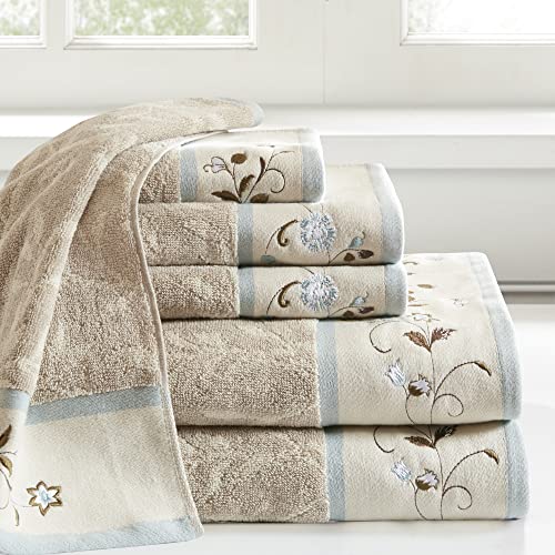 Madison Park Serene 100% Cotton Bath Towel Set Luxurious Floral Embroidered Cotton Jacquard Design, Soft and Highly Absorbent for Shower, Multi-Sizes, Blue