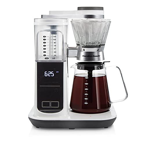 Hamilton Beach Craft Programmable Automatic Coffee Maker Brewer or Manual Pour Over Dripper with 5 Strengths and Integrated Scale, 8 Cups, Includes Cone Filter Set, White (46700)